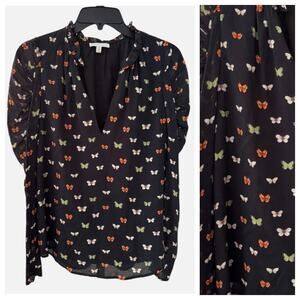 Anna Cate James Top XS Black Butterfly Print Blouse LS Top Lightweight Shirt